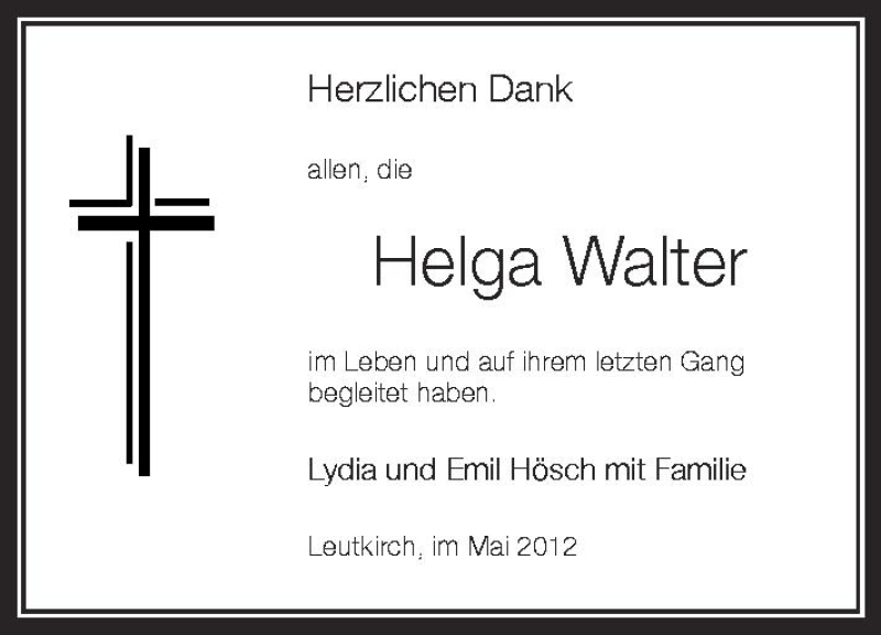  Traueranzeige für Helga Walter vom 26.05.2012 aus Schwäbische Zeitung