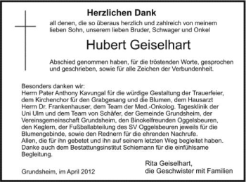 Anzeige von Hubert Geiselhart von Schwäbische Zeitung