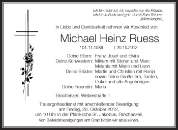 Anzeige von Michael Heinz Ruess von Schwäbische Zeitung