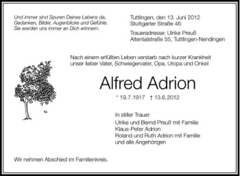 Anzeige von Alfred Adrion von Schwäbische Zeitung