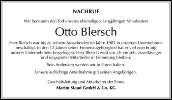 Anzeige von Otto Blersch von Schwäbische Zeitung