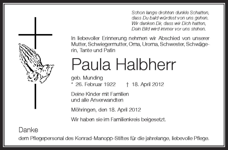  Traueranzeige für Paula Halbherr vom 28.04.2012 aus Schwäbische Zeitung