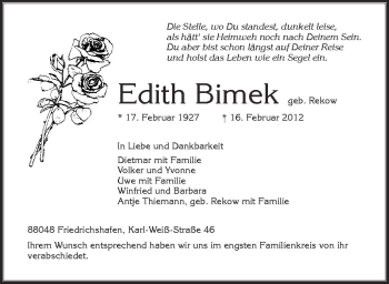 Anzeige von Edith Bimek von Schwäbische Zeitung