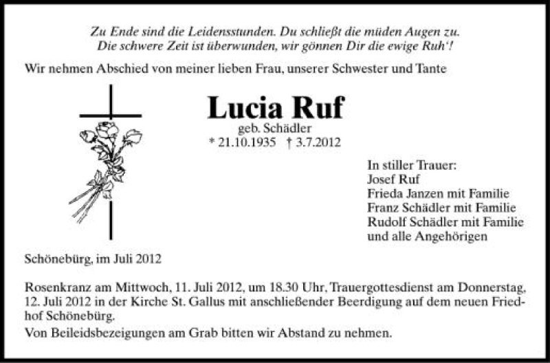  Traueranzeige für Lucia Ruf vom 07.07.2012 aus Schwäbische Zeitung