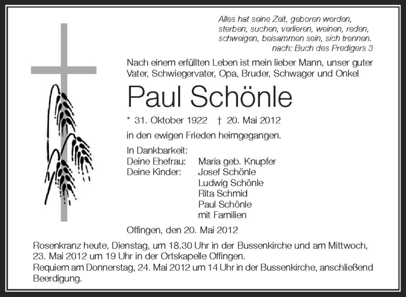  Traueranzeige für Paul Schönle vom 22.05.2012 aus Schwäbische Zeitung