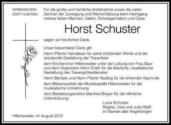 Anzeige von Horst Schuster von Schwäbische Zeitung