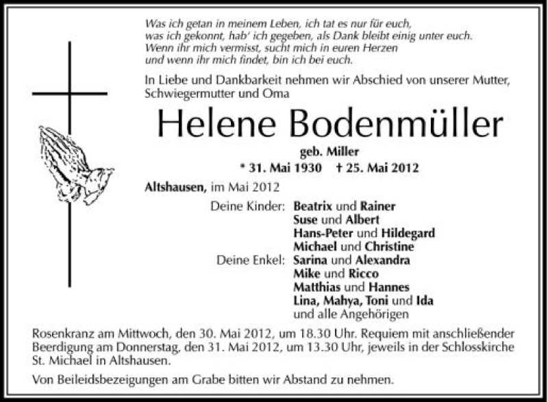  Traueranzeige für Helene Bodenmüller vom 26.05.2012 aus Schwäbische Zeitung