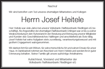 Anzeige von Josef Heitele von Schwäbische Zeitung