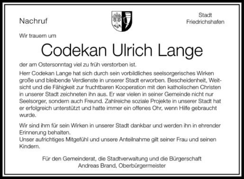  Traueranzeige für Codekan Ulrich Lange vom 11.04.2012 aus Schwäbische Zeitung