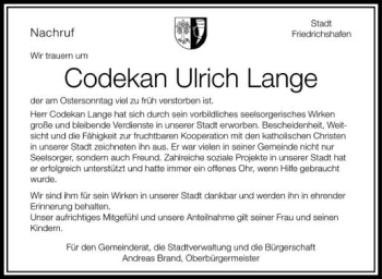 Anzeige von Codekan Ulrich Lange von Schwäbische Zeitung
