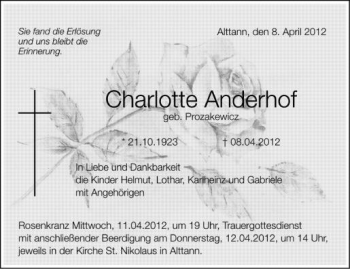 Anzeige von Charlotte Anderhof von Schwäbische Zeitung