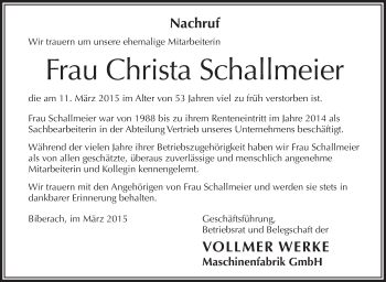 Anzeige von Christa Schallmeier von Schwäbische Zeitung