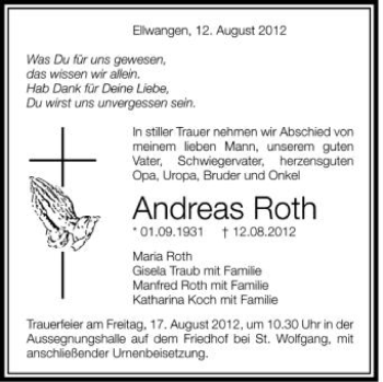 Anzeige von Andreas Roth von Schwäbische Zeitung