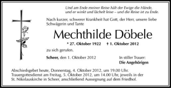 Anzeige von Mechthilde Döbele von Schwäbische Zeitung