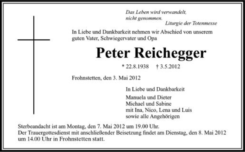  Traueranzeige für Peter Reichegger vom 05.05.2012 aus Schwäbische Zeitung