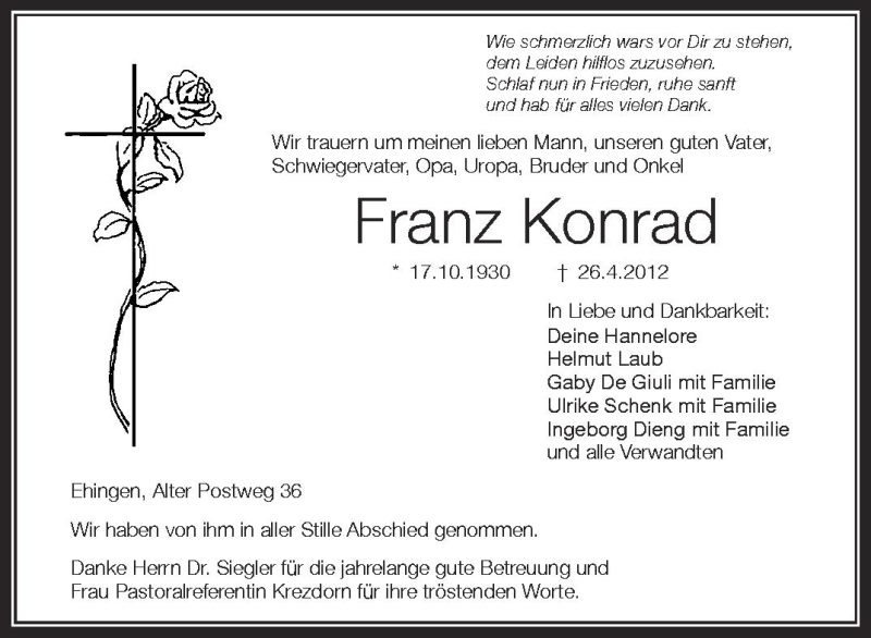  Traueranzeige für Frank Konrad vom 03.05.2012 aus Schwäbische Zeitung