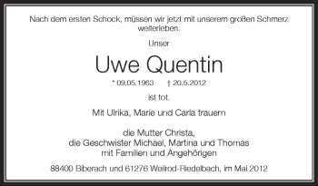 Anzeige von Uwe Quentin von Schwäbische Zeitung