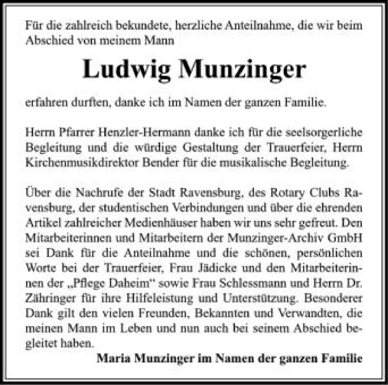  Traueranzeige für Ludwig Munzinger vom 02.05.2012 aus Schwäbische Zeitung