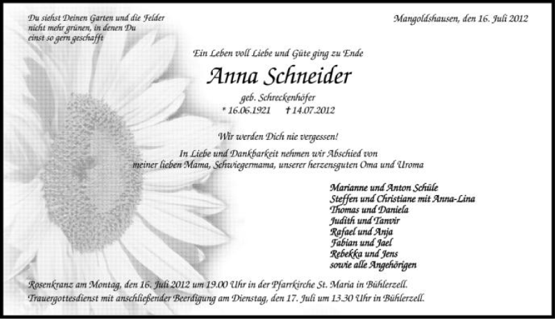  Traueranzeige für Anna Schneider vom 16.07.2012 aus Schwäbische Zeitung