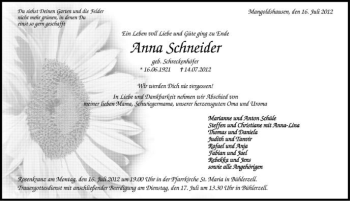 Anzeige von Anna Schneider von Schwäbische Zeitung