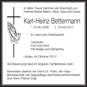 Anzeige von Karl-Heinz Bettermann von Schwäbische Zeitung