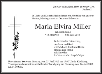 Anzeige von Maria Elvira Miller  von Schwäbische Zeitung
