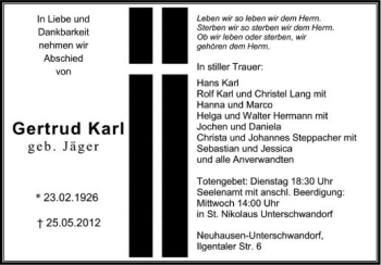 Anzeige von Gertrud Karl von Schwäbische Zeitung