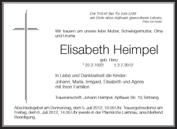 Anzeige von Elisabeth Heimpel von Schwäbische Zeitung