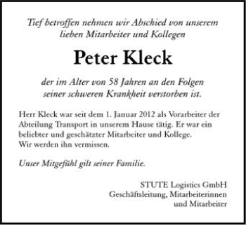 Anzeige von Peter Kleck von Schwäbische Zeitung