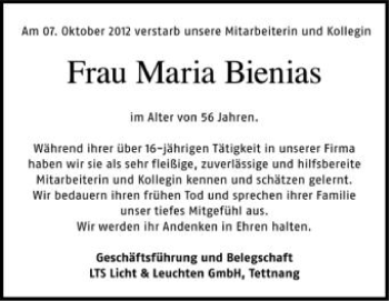 Anzeige von Maria Bienias von Schwäbische Zeitung
