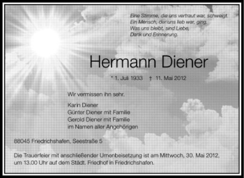 Anzeige von Hermann Diener von Schwäbische Zeitung