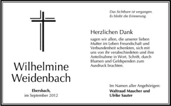 Anzeige von Wilhelmine Weidenbach von Schwäbische Zeitung