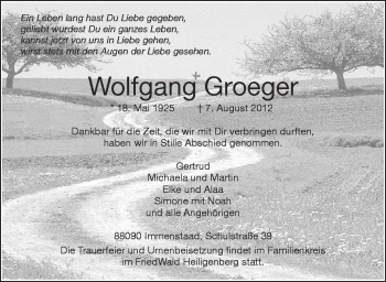Anzeige von Wolfgang Groeger von Schwäbische Zeitung