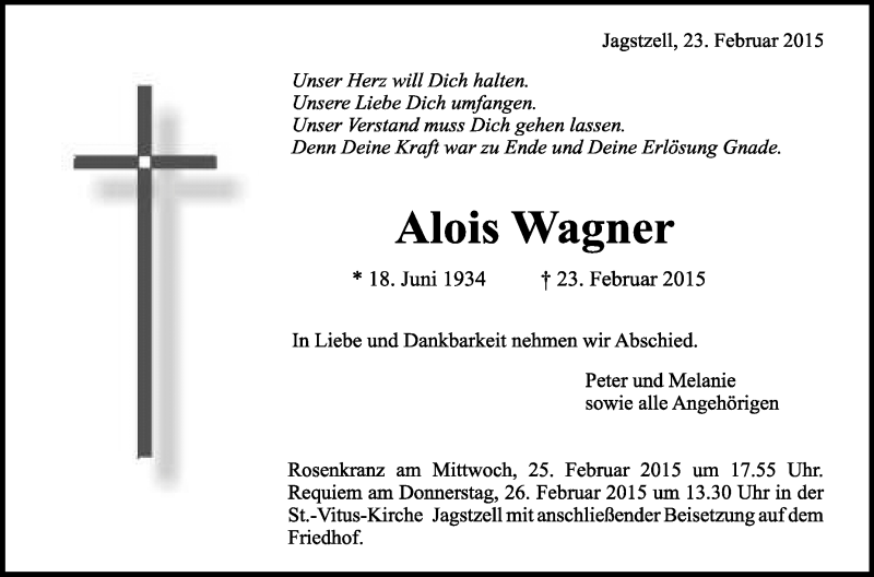  Traueranzeige für Alois Wagner vom 25.02.2015 aus Schwäbische Zeitung
