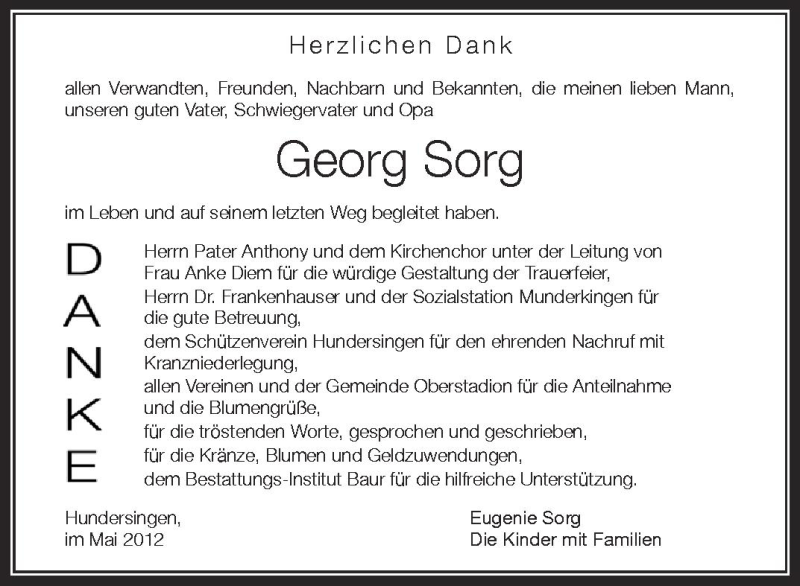  Traueranzeige für Georg Sorg vom 18.05.2012 aus Schwäbische Zeitung