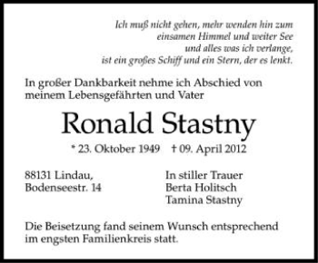 Anzeige von Ronald Stastny von Schwäbische Zeitung