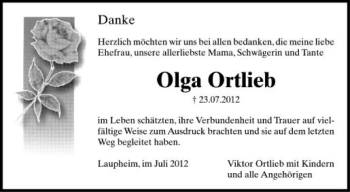 Anzeige von Olga Ortlieb von Schwäbische Zeitung