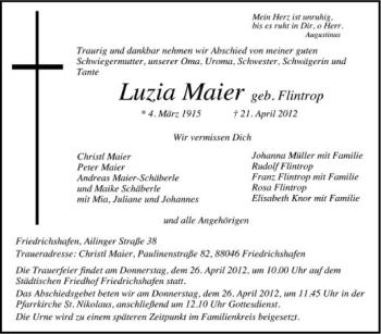 Anzeige von Luzia Maier von Schwäbische Zeitung