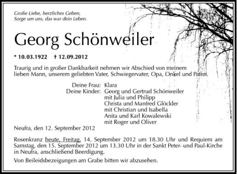  Traueranzeige für Georg Schönweiler vom 14.09.2012 aus Schwäbische Zeitung