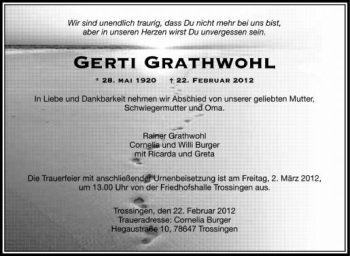 Anzeige von Gerti Grathwohl von Schwäbische Zeitung