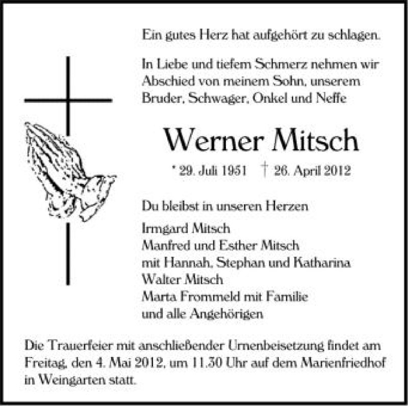  Traueranzeige für Werner Mitsch vom 03.05.2012 aus Schwäbische Zeitung