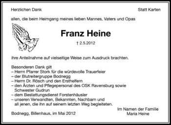 Anzeige von Franz Heine von Schwäbische Zeitung