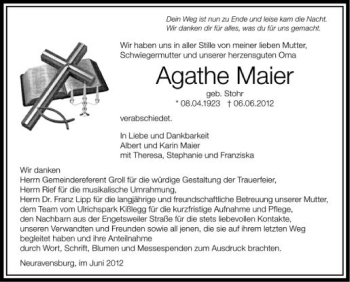 Anzeige von Agathe Maier von Schwäbische Zeitung