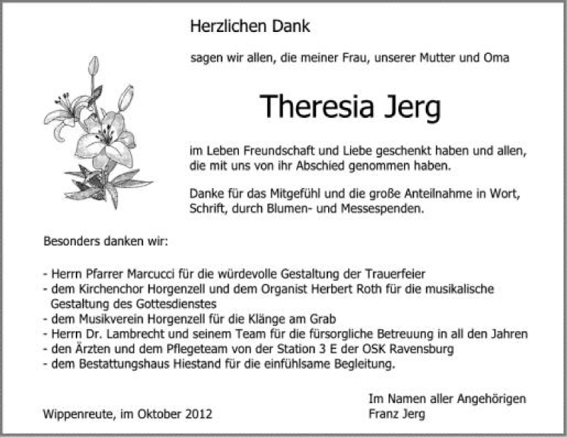  Traueranzeige für Theresia Jerg vom 20.10.2012 aus Schwäbische Zeitung