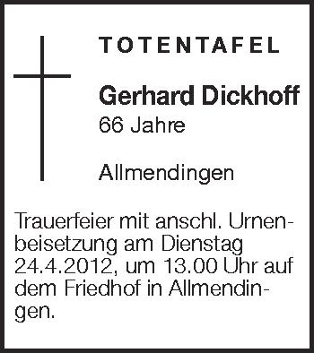 Anzeige von Gerhard Dickhoff von Schwäbische Zeitung