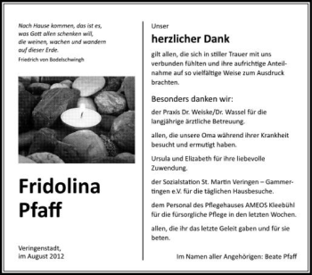 Anzeige von Fridolina Pfaff von Schwäbische Zeitung