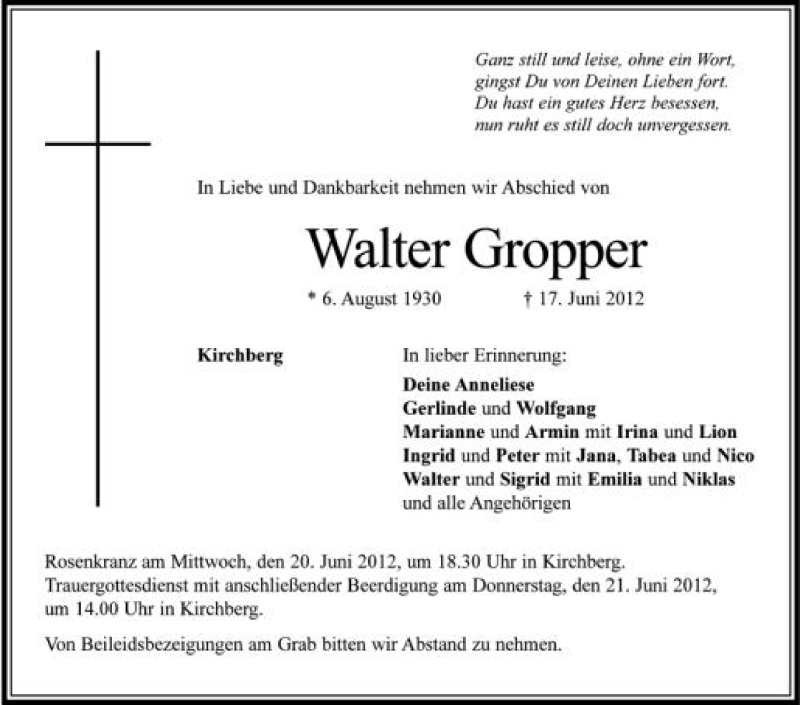  Traueranzeige für Walter Gropper vom 19.06.2012 aus Schwäbische Zeitung