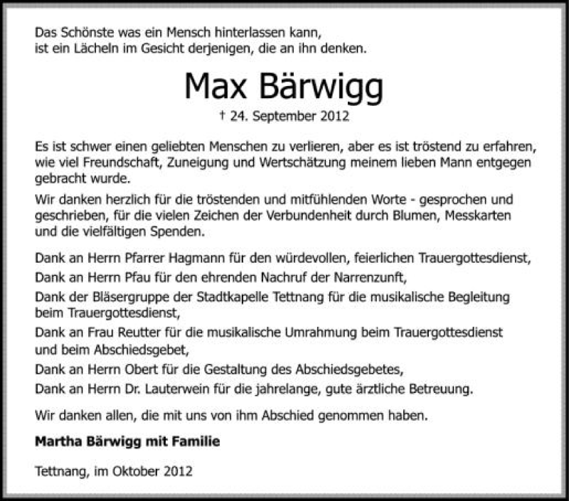  Traueranzeige für Max Bärwigg vom 06.10.2012 aus Schwäbische Zeitung