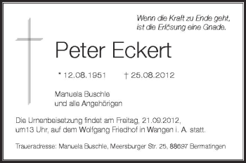 Anzeige von Peter Eckert von Schwäbische Zeitung