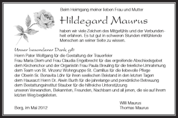 Anzeige von Hildegard Maurus von Schwäbische Zeitung